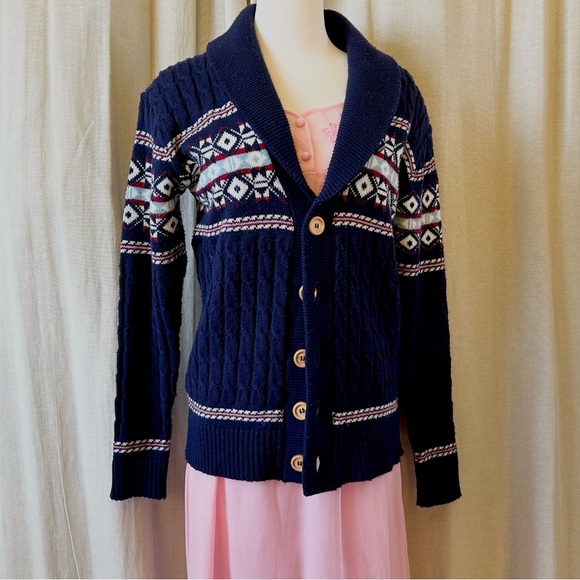 Cable Knit fair isle button up navy blue Cardigan - Picture 1 of 3